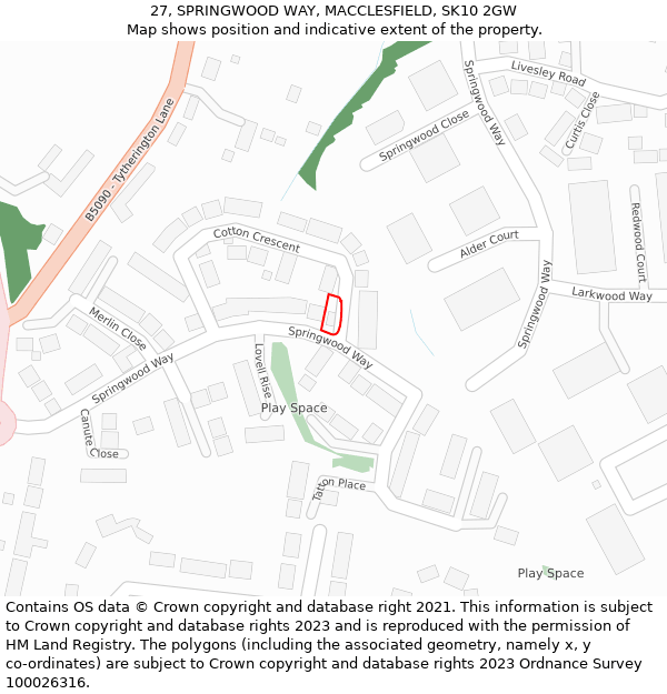 27, SPRINGWOOD WAY, MACCLESFIELD, SK10 2GW: Location map and indicative extent of plot