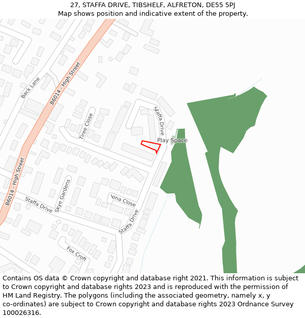 27, STAFFA DRIVE, TIBSHELF, ALFRETON, DE55 5PJ: Location map and indicative extent of plot