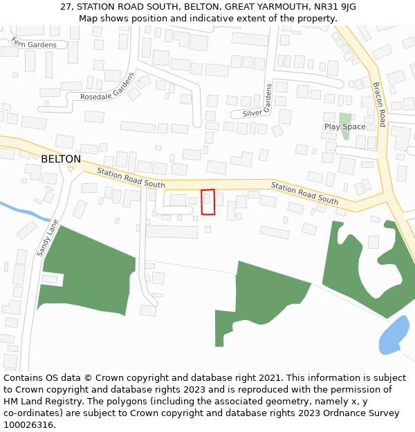 27, STATION ROAD SOUTH, BELTON, GREAT YARMOUTH, NR31 9JG: Location map and indicative extent of plot