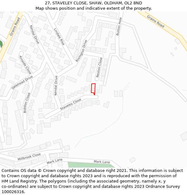 27, STAVELEY CLOSE, SHAW, OLDHAM, OL2 8ND: Location map and indicative extent of plot