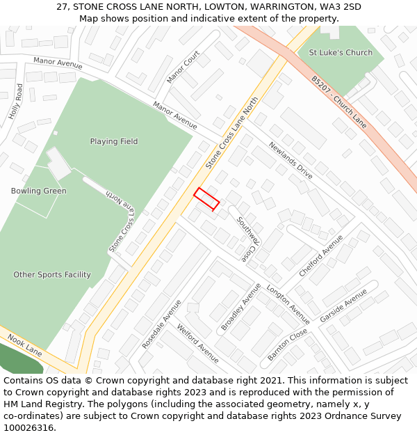 27, STONE CROSS LANE NORTH, LOWTON, WARRINGTON, WA3 2SD: Location map and indicative extent of plot