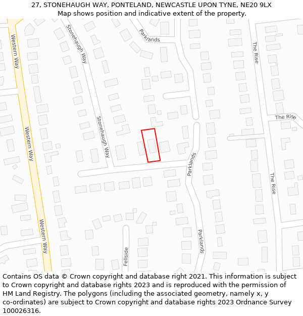 27, STONEHAUGH WAY, PONTELAND, NEWCASTLE UPON TYNE, NE20 9LX: Location map and indicative extent of plot