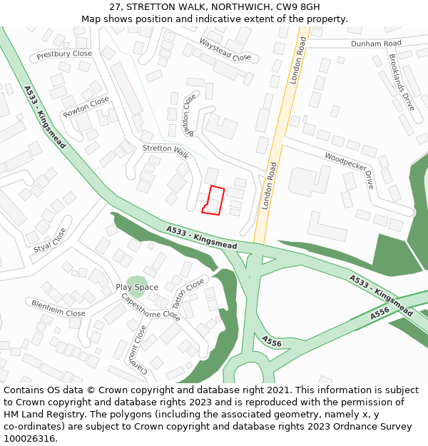 27, STRETTON WALK, NORTHWICH, CW9 8GH: Location map and indicative extent of plot