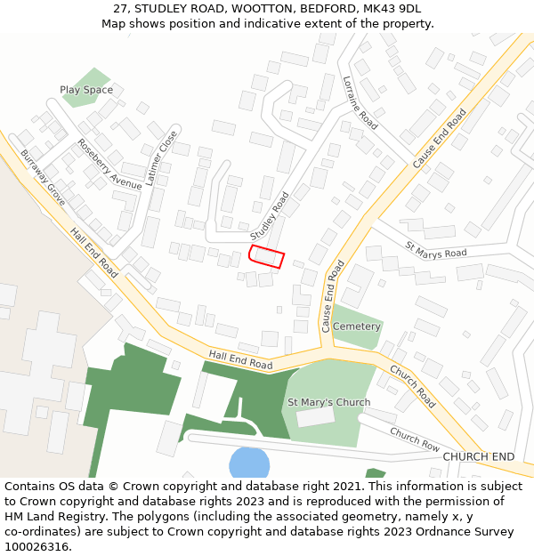 27, STUDLEY ROAD, WOOTTON, BEDFORD, MK43 9DL: Location map and indicative extent of plot