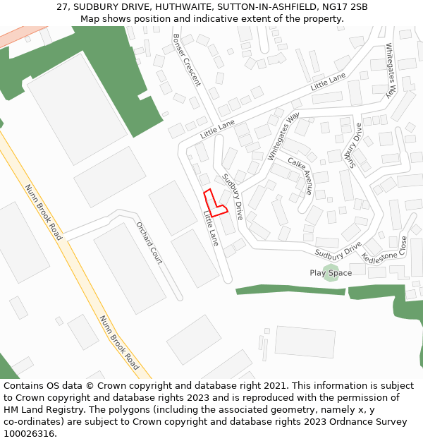 27, SUDBURY DRIVE, HUTHWAITE, SUTTON-IN-ASHFIELD, NG17 2SB: Location map and indicative extent of plot