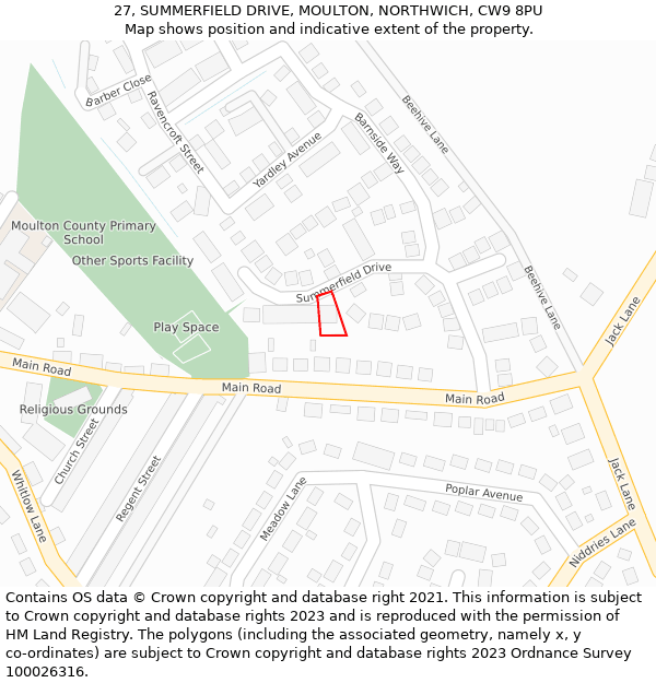 27, SUMMERFIELD DRIVE, MOULTON, NORTHWICH, CW9 8PU: Location map and indicative extent of plot