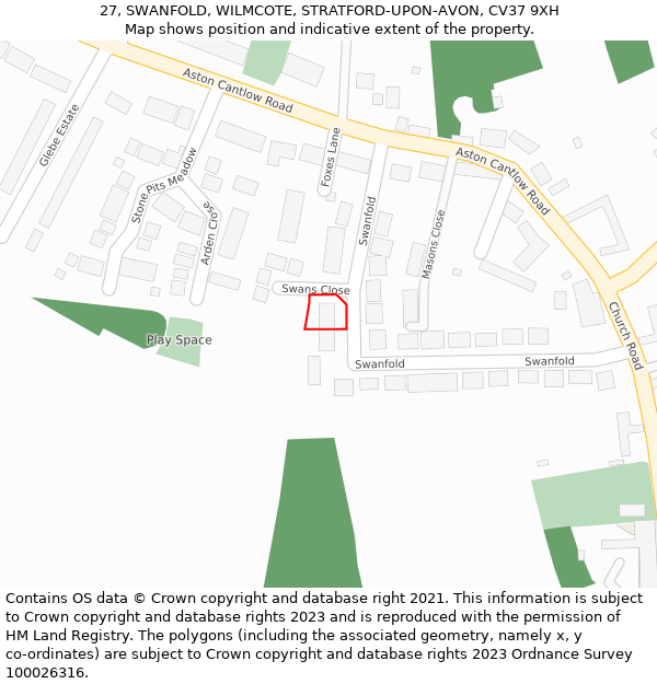 27, SWANFOLD, WILMCOTE, STRATFORD-UPON-AVON, CV37 9XH: Location map and indicative extent of plot