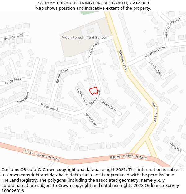 27, TAMAR ROAD, BULKINGTON, BEDWORTH, CV12 9PU: Location map and indicative extent of plot