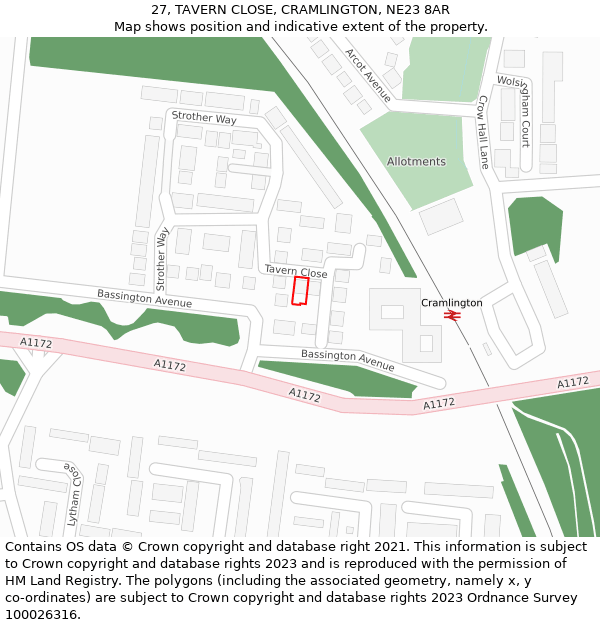 27, TAVERN CLOSE, CRAMLINGTON, NE23 8AR: Location map and indicative extent of plot