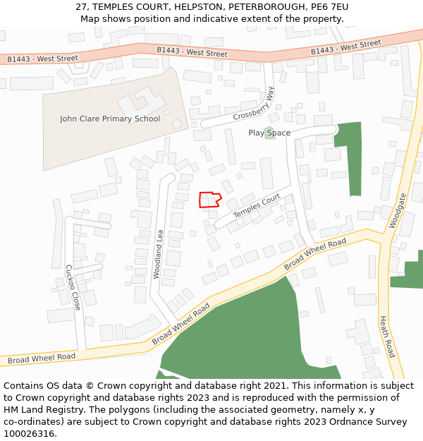 27, TEMPLES COURT, HELPSTON, PETERBOROUGH, PE6 7EU: Location map and indicative extent of plot