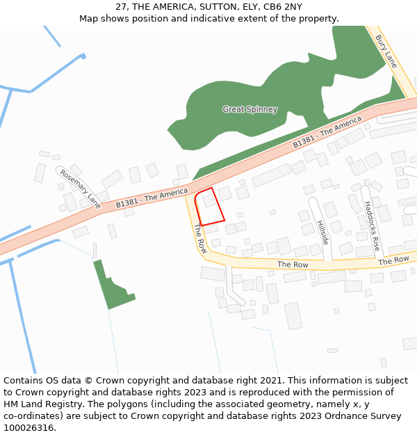 27, THE AMERICA, SUTTON, ELY, CB6 2NY: Location map and indicative extent of plot