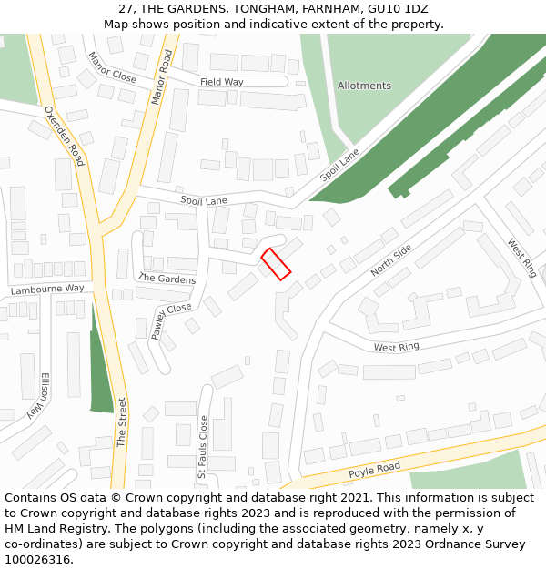 27, THE GARDENS, TONGHAM, FARNHAM, GU10 1DZ: Location map and indicative extent of plot