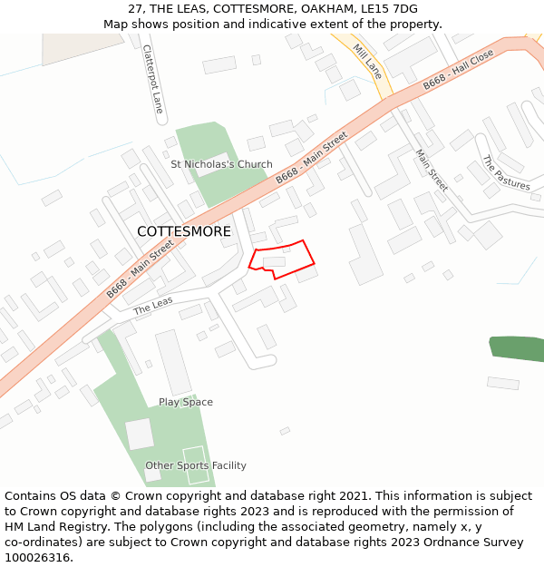 27, THE LEAS, COTTESMORE, OAKHAM, LE15 7DG: Location map and indicative extent of plot