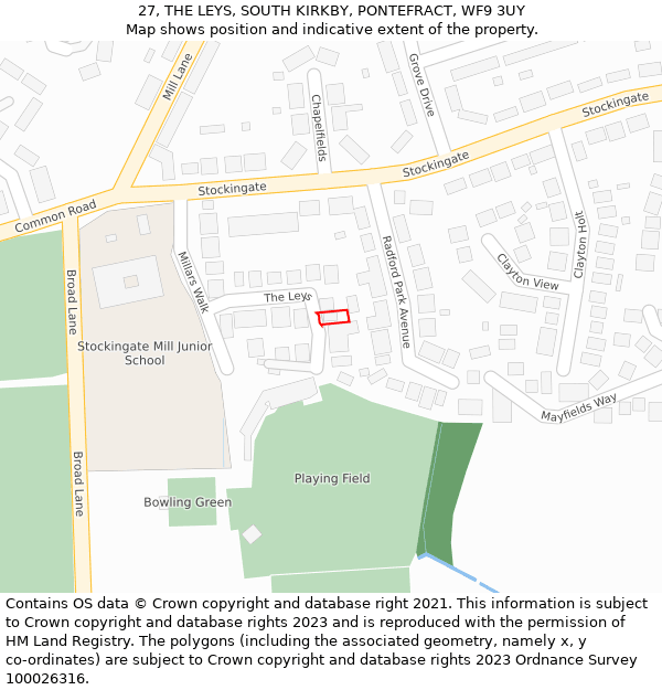 27, THE LEYS, SOUTH KIRKBY, PONTEFRACT, WF9 3UY: Location map and indicative extent of plot