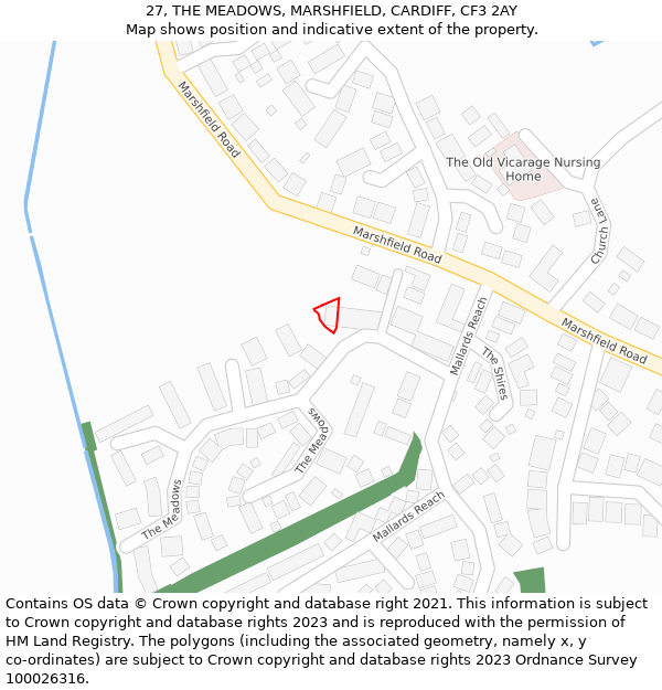 27, THE MEADOWS, MARSHFIELD, CARDIFF, CF3 2AY: Location map and indicative extent of plot