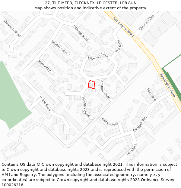 27, THE MEER, FLECKNEY, LEICESTER, LE8 8UN: Location map and indicative extent of plot