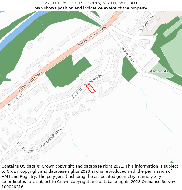 27, THE PADDOCKS, TONNA, NEATH, SA11 3FD: Location map and indicative extent of plot