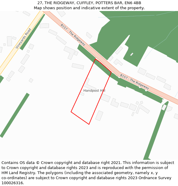 27, THE RIDGEWAY, CUFFLEY, POTTERS BAR, EN6 4BB: Location map and indicative extent of plot