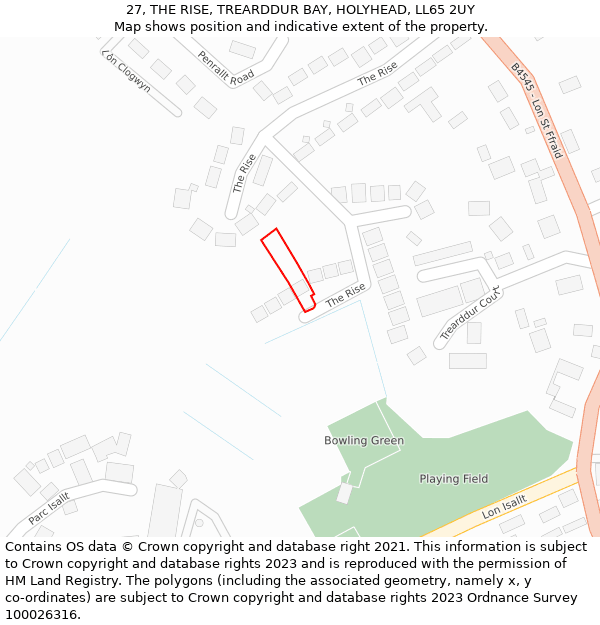 27, THE RISE, TREARDDUR BAY, HOLYHEAD, LL65 2UY: Location map and indicative extent of plot