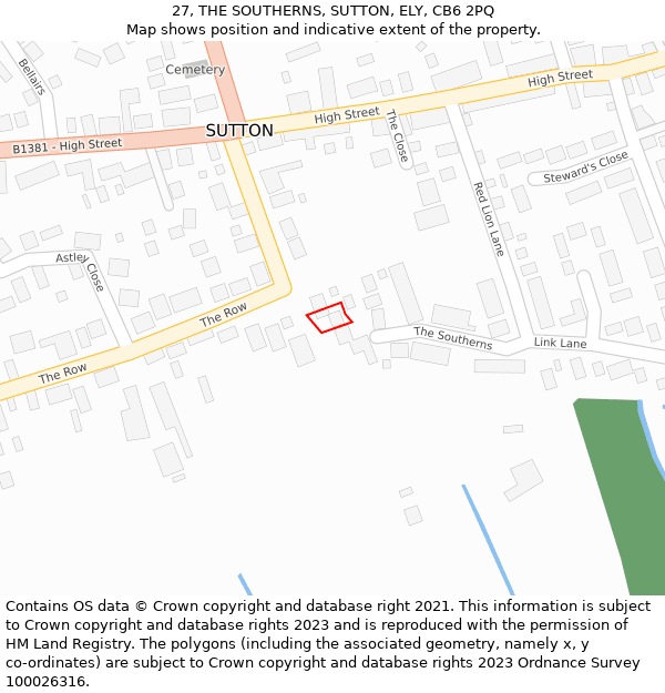 27, THE SOUTHERNS, SUTTON, ELY, CB6 2PQ: Location map and indicative extent of plot