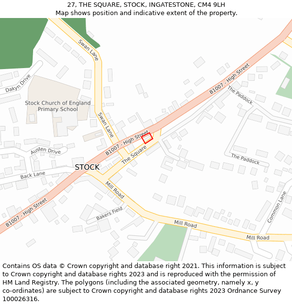 27, THE SQUARE, STOCK, INGATESTONE, CM4 9LH: Location map and indicative extent of plot