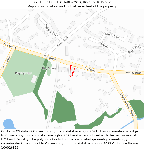 27, THE STREET, CHARLWOOD, HORLEY, RH6 0BY: Location map and indicative extent of plot