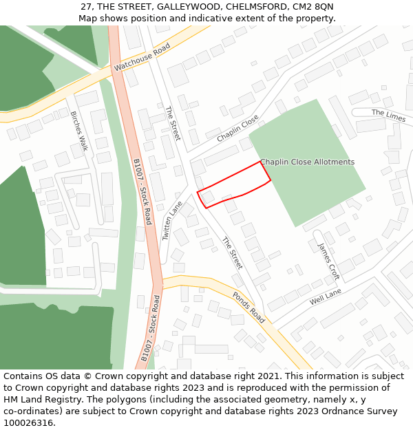 27, THE STREET, GALLEYWOOD, CHELMSFORD, CM2 8QN: Location map and indicative extent of plot