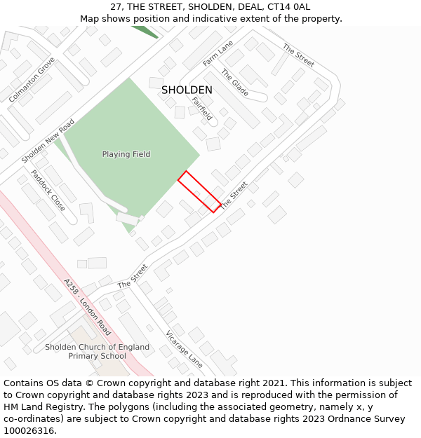 27, THE STREET, SHOLDEN, DEAL, CT14 0AL: Location map and indicative extent of plot