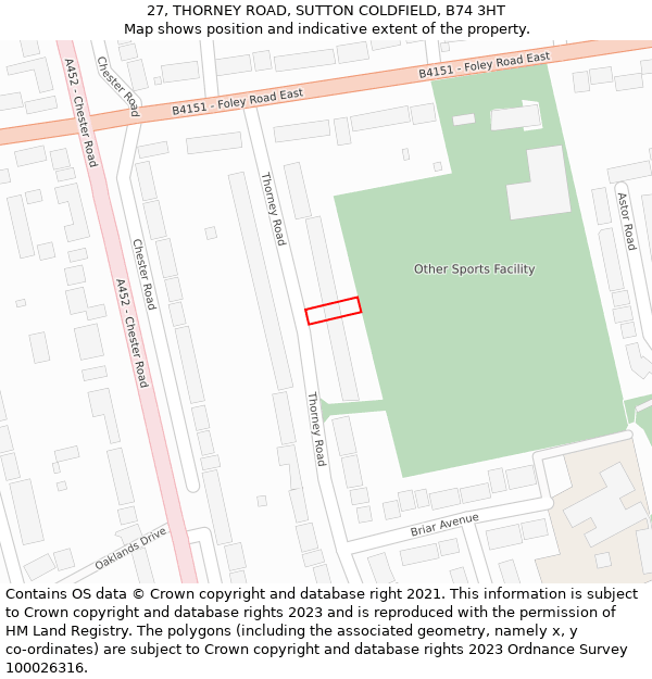 27, THORNEY ROAD, SUTTON COLDFIELD, B74 3HT: Location map and indicative extent of plot