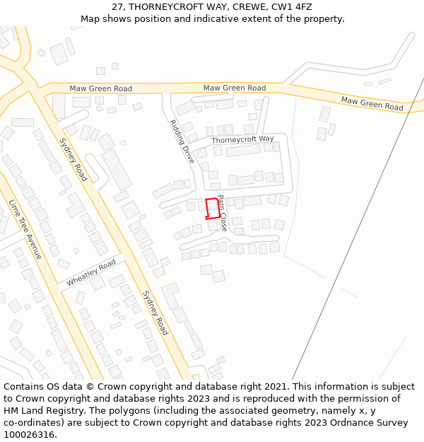 27, THORNEYCROFT WAY, CREWE, CW1 4FZ: Location map and indicative extent of plot