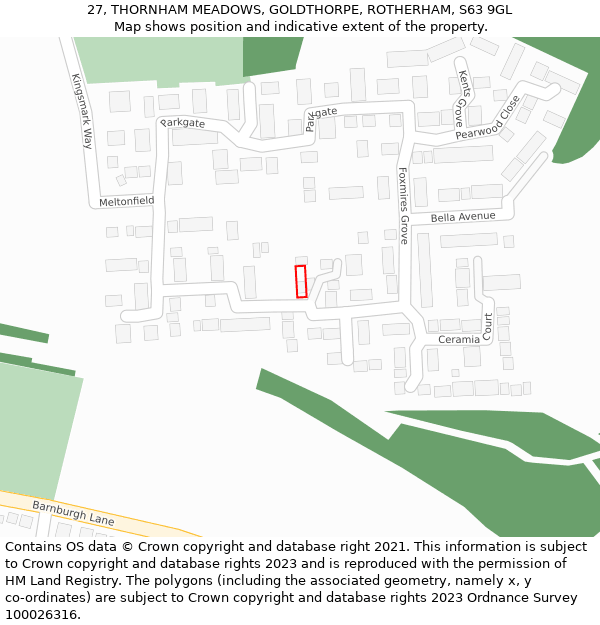 27, THORNHAM MEADOWS, GOLDTHORPE, ROTHERHAM, S63 9GL: Location map and indicative extent of plot