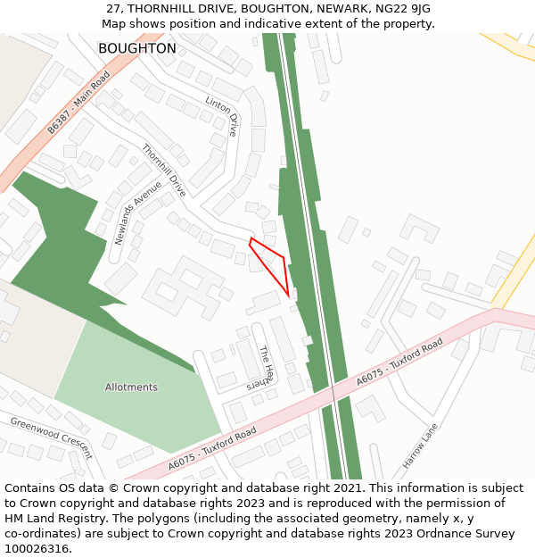 27, THORNHILL DRIVE, BOUGHTON, NEWARK, NG22 9JG: Location map and indicative extent of plot