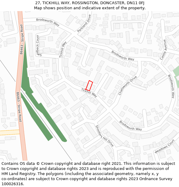 27, TICKHILL WAY, ROSSINGTON, DONCASTER, DN11 0FJ: Location map and indicative extent of plot