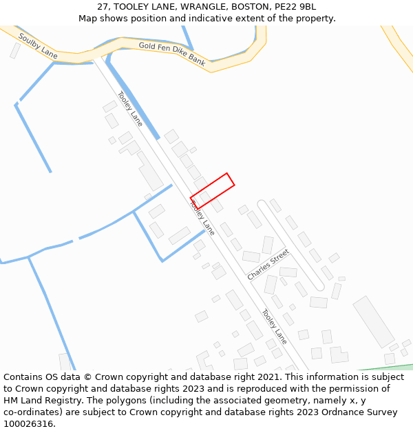 27, TOOLEY LANE, WRANGLE, BOSTON, PE22 9BL: Location map and indicative extent of plot