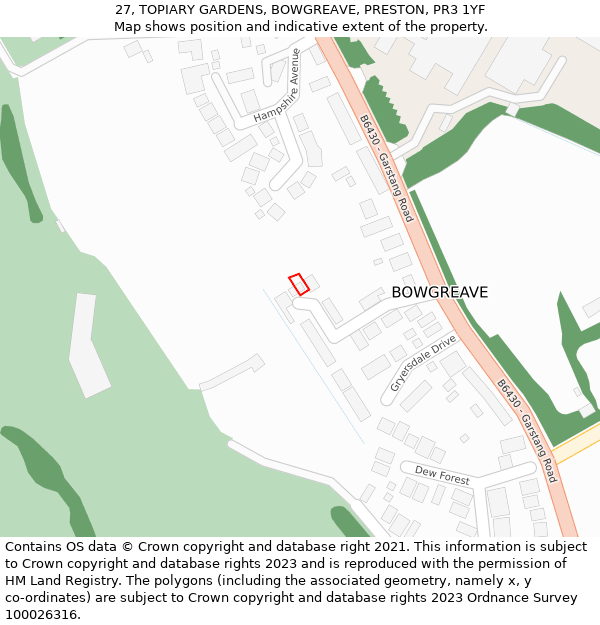 27, TOPIARY GARDENS, BOWGREAVE, PRESTON, PR3 1YF: Location map and indicative extent of plot
