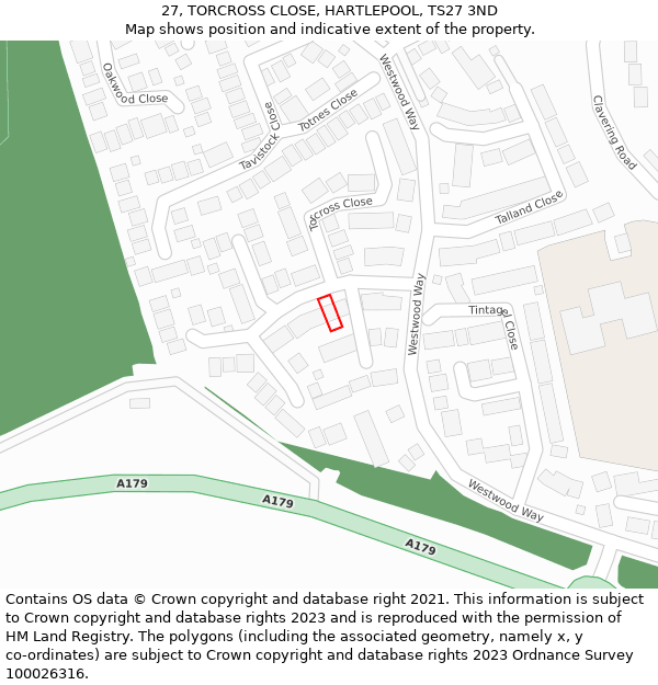 27, TORCROSS CLOSE, HARTLEPOOL, TS27 3ND: Location map and indicative extent of plot