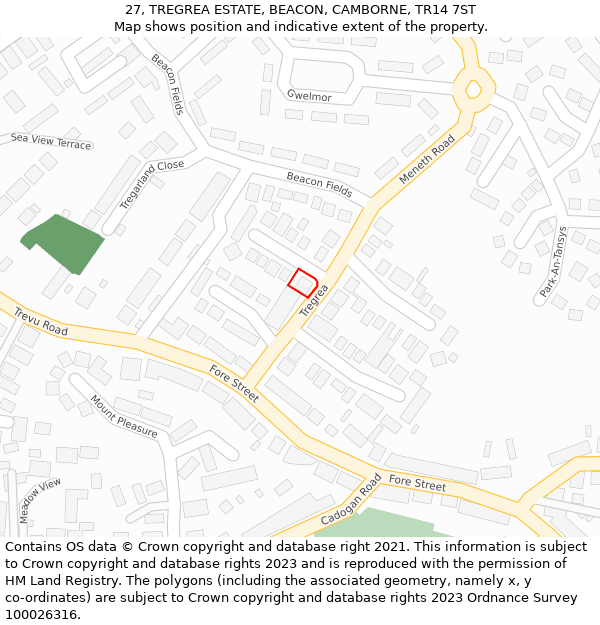 27, TREGREA ESTATE, BEACON, CAMBORNE, TR14 7ST: Location map and indicative extent of plot