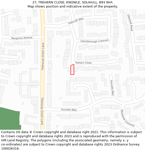 27, TREHERN CLOSE, KNOWLE, SOLIHULL, B93 9HA: Location map and indicative extent of plot