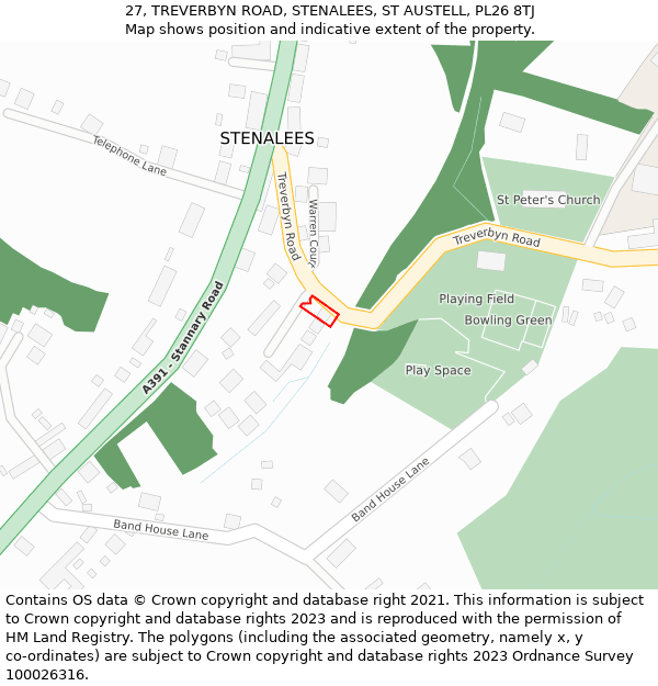 27, TREVERBYN ROAD, STENALEES, ST AUSTELL, PL26 8TJ: Location map and indicative extent of plot