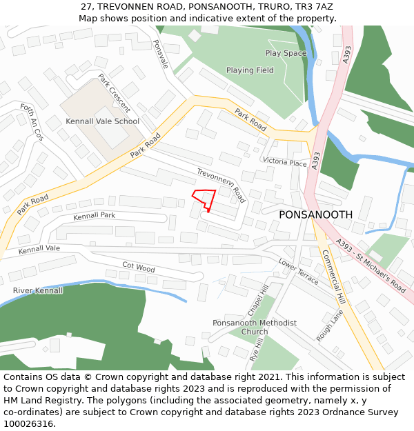 27, TREVONNEN ROAD, PONSANOOTH, TRURO, TR3 7AZ: Location map and indicative extent of plot