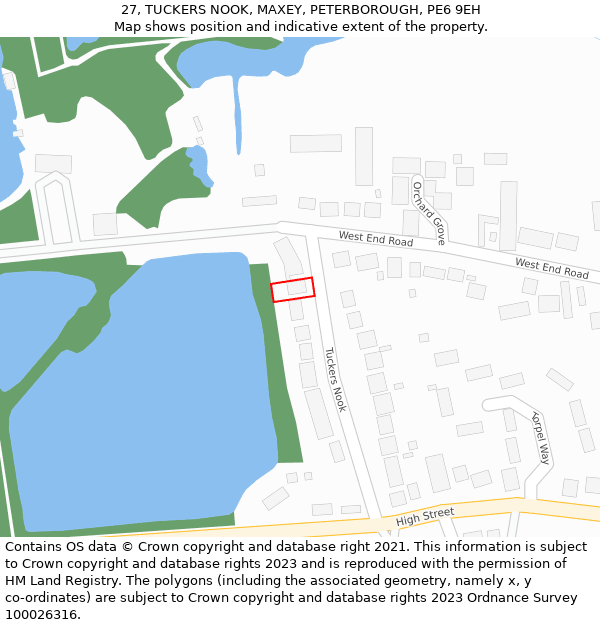 27, TUCKERS NOOK, MAXEY, PETERBOROUGH, PE6 9EH: Location map and indicative extent of plot