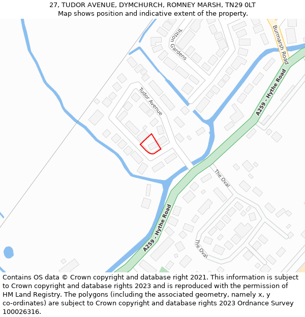 27, TUDOR AVENUE, DYMCHURCH, ROMNEY MARSH, TN29 0LT: Location map and indicative extent of plot