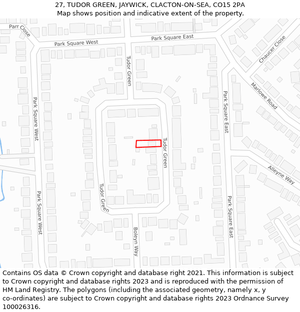 27, TUDOR GREEN, JAYWICK, CLACTON-ON-SEA, CO15 2PA: Location map and indicative extent of plot