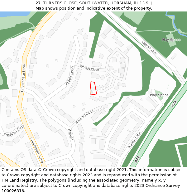 27, TURNERS CLOSE, SOUTHWATER, HORSHAM, RH13 9LJ: Location map and indicative extent of plot