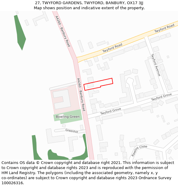 27, TWYFORD GARDENS, TWYFORD, BANBURY, OX17 3JJ: Location map and indicative extent of plot