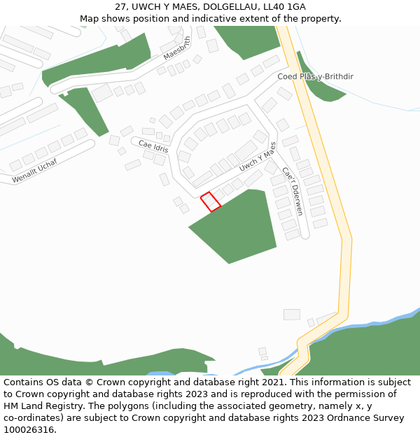 27, UWCH Y MAES, DOLGELLAU, LL40 1GA: Location map and indicative extent of plot