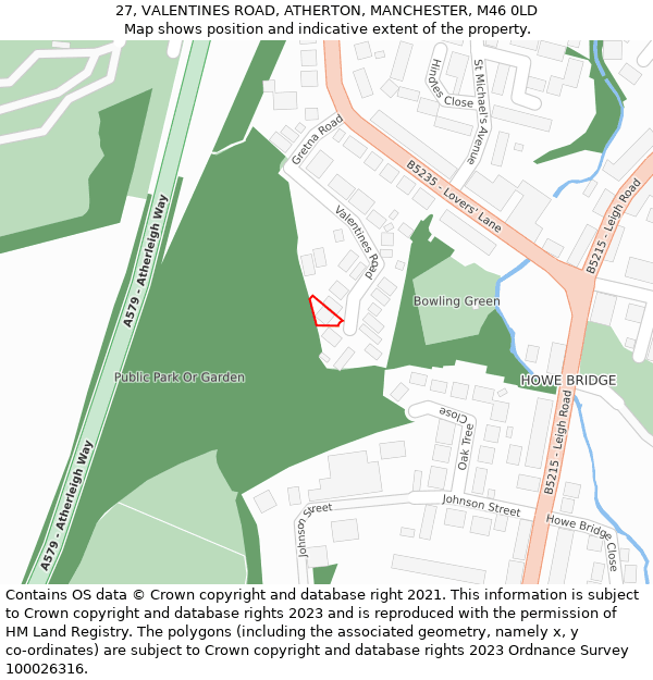 27, VALENTINES ROAD, ATHERTON, MANCHESTER, M46 0LD: Location map and indicative extent of plot