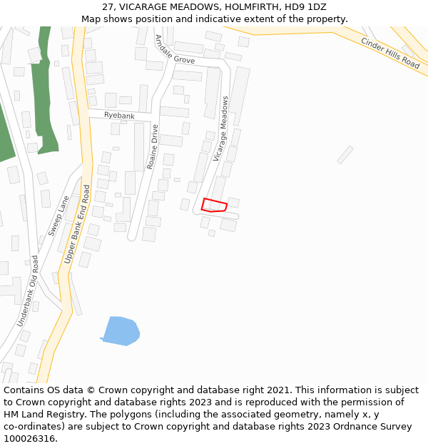 27, VICARAGE MEADOWS, HOLMFIRTH, HD9 1DZ: Location map and indicative extent of plot