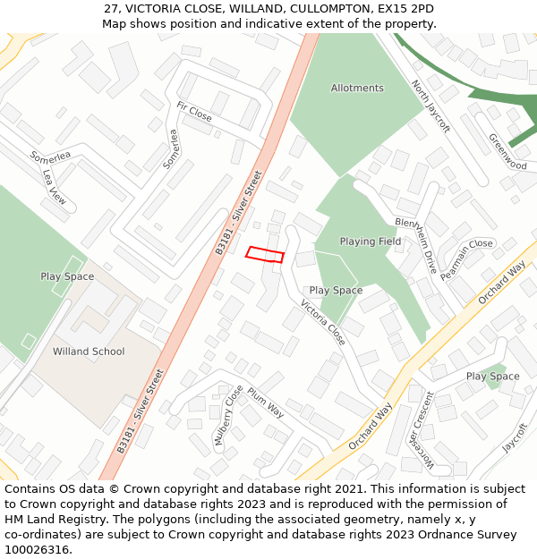 27, VICTORIA CLOSE, WILLAND, CULLOMPTON, EX15 2PD: Location map and indicative extent of plot