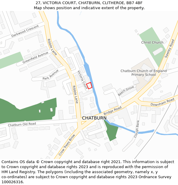 27, VICTORIA COURT, CHATBURN, CLITHEROE, BB7 4BF: Location map and indicative extent of plot